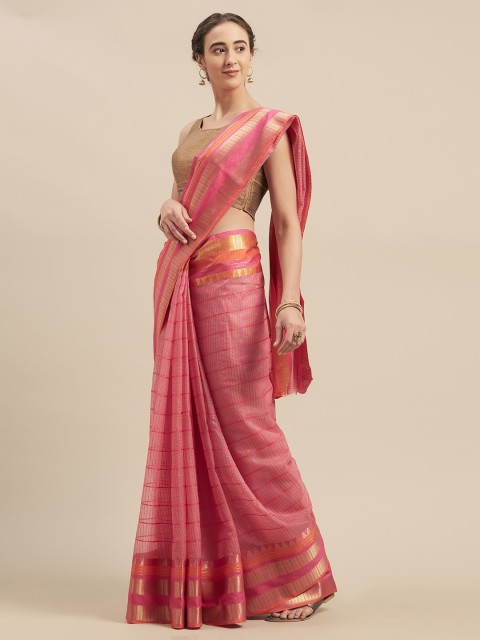 

Kvsfab Pink Checked Silk Cotton Saree