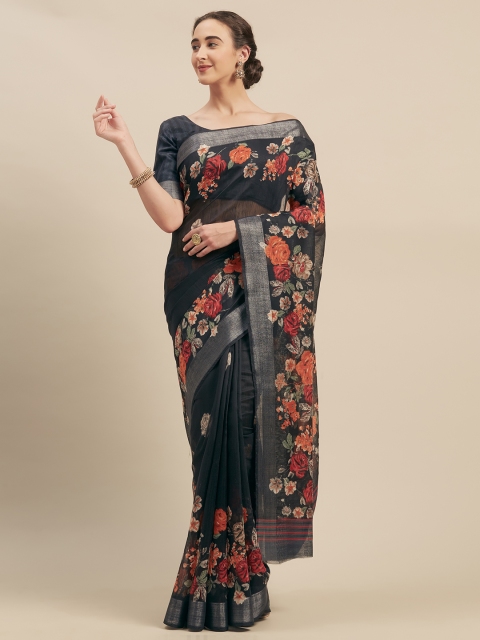 

Kvsfab Black & Orange Pure Linen Printed Saree