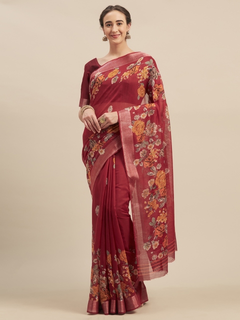 

Kvsfab Maroon Printed Pure Linen Saree