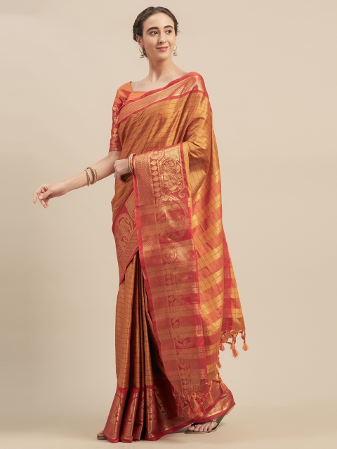 

Kvsfab Orange & Gold-Coloured Silk Blend Checked Saree
