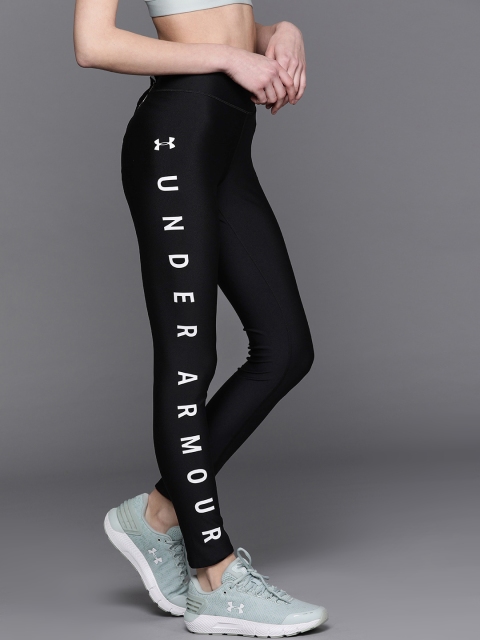 

UNDER ARMOUR Women Black Heatgear Graphic Solid Wordmark Tights