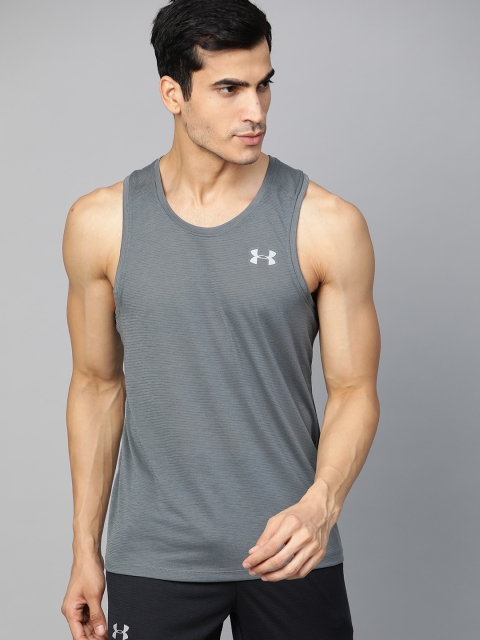 

UNDER ARMOUR Men Charcoal Grey Self-Striped Streaker 2.0 Singlet T-shirt