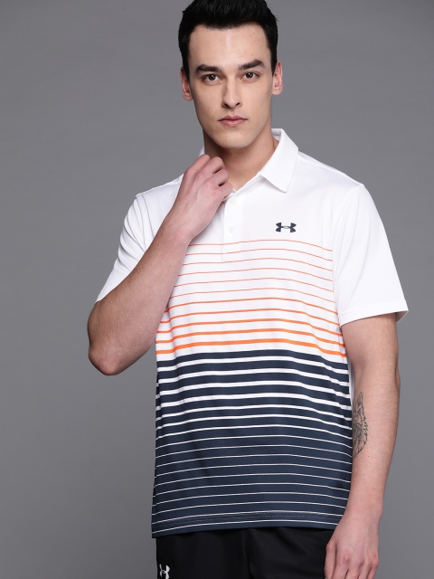 

UNDER ARMOUR Men White & Navy Blue Playoff 2.0 Striped Polo T-Shirt