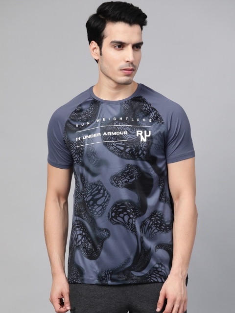 

UNDER ARMOUR Men Blue & Black Printed Qualifier Iso-Chill Weightless Running T-shirt