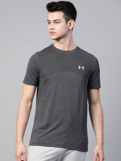 

UNDER ARMOUR Men Charcoal Grey Self Design Seamless Gym T-shirt