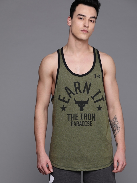 

UNDER ARMOUR Men Olive Green Project Rock Pain into Power Training Tank T-shirt
