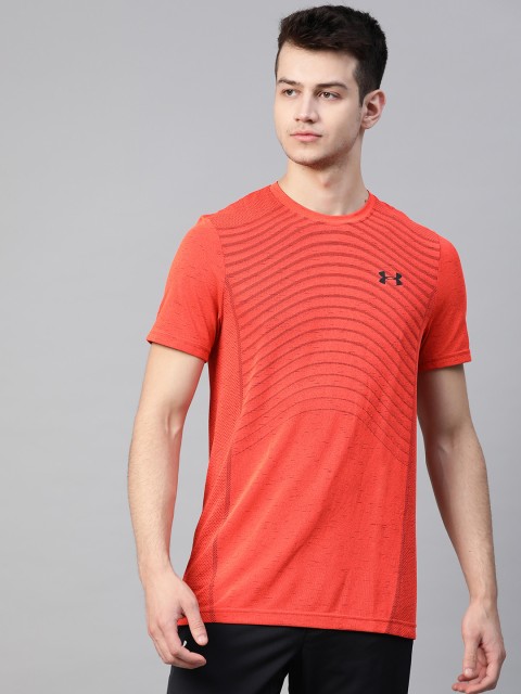 

UNDER ARMOUR Men Orange & Black Self Design Seamless Wave Training T-shirt