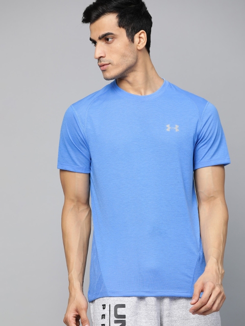 

UNDER ARMOUR Men Blue Self Striped HeatGear Streaker 2.0 Shift Crew Running T-Shirt