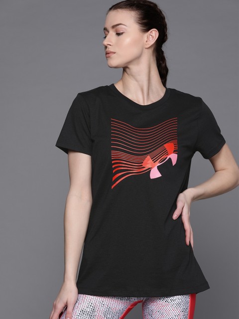 

UNDER ARMOUR Women Black & Red Graphic Classic Crew Branded Printed Training T-Shirt