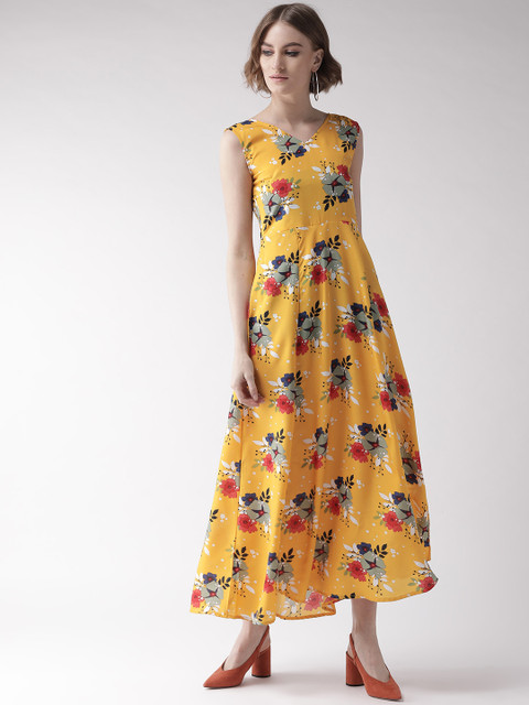 

U&F Women Mustard Yellow & green Printed Maxi Dress
