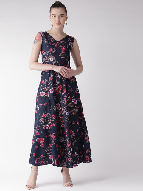 

U&F Women Navy Blue & Pink Printed Maxi Dress