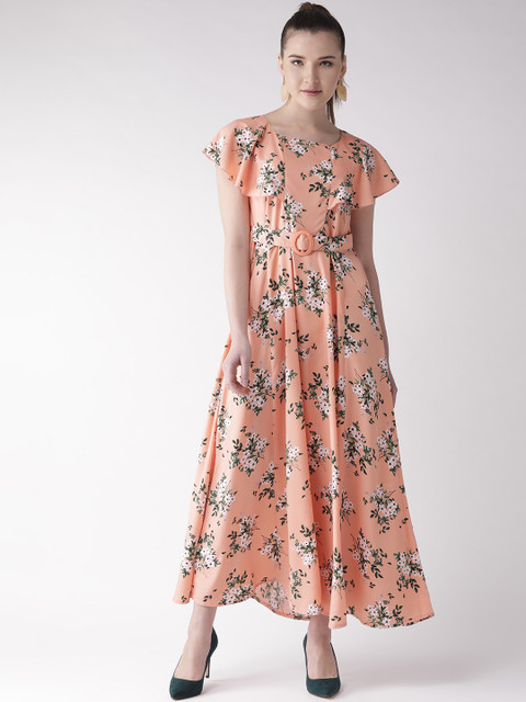 

U&F Women Peach-Coloured & Green Printed Maxi Dress