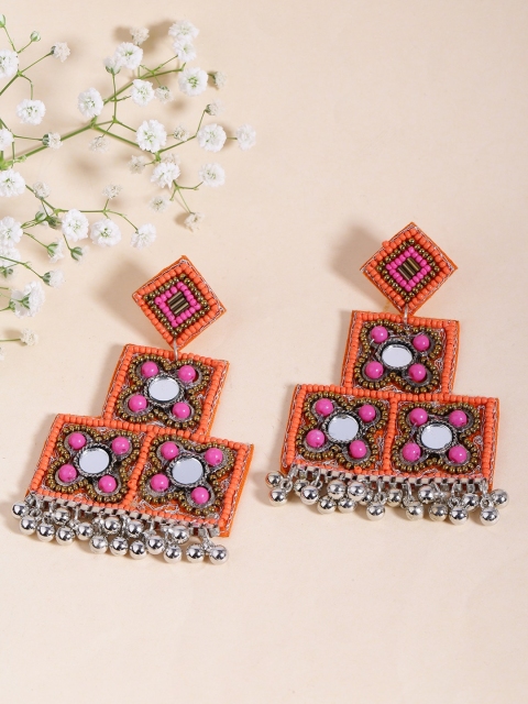 

Fida Orange & Silver-Toned Geometric Drop Earrings