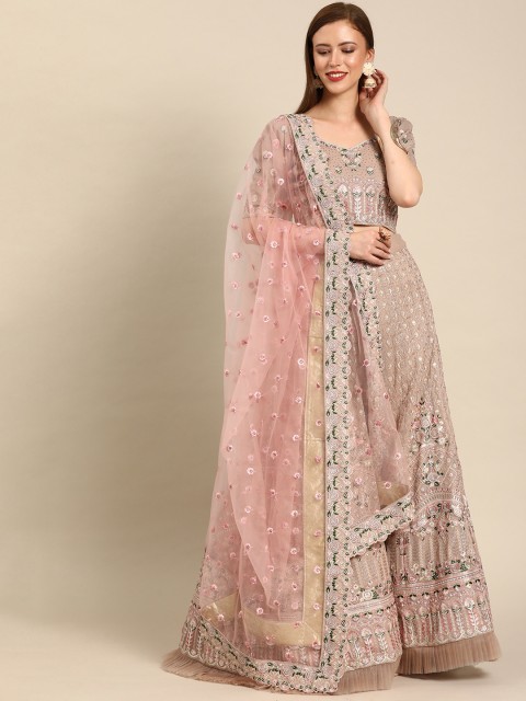 

Shaily Beige & Pink Embroidered Semi-Stitched Lehenga & Blouse with Dupatta