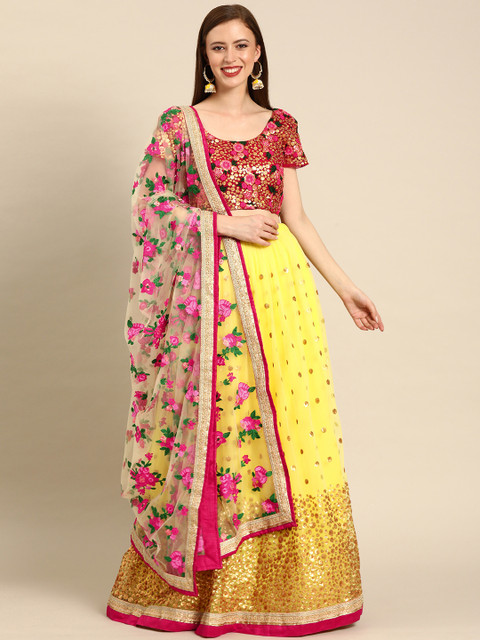 

Shaily Yellow & Pink Embroidered & Sequined Semi-Stitched Lehenga & Blouse with Dupatta