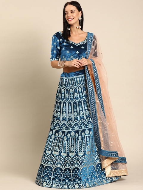 

Shaily Teal & Gold-Toned Embroidered & Leather Semi-Stitched Lehenga & Blouse with Dupatta