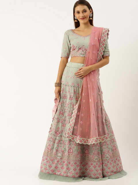 

Shaily Green & Pink Embroidered Semi-Stitched Lehenga & Blouse with Dupatta