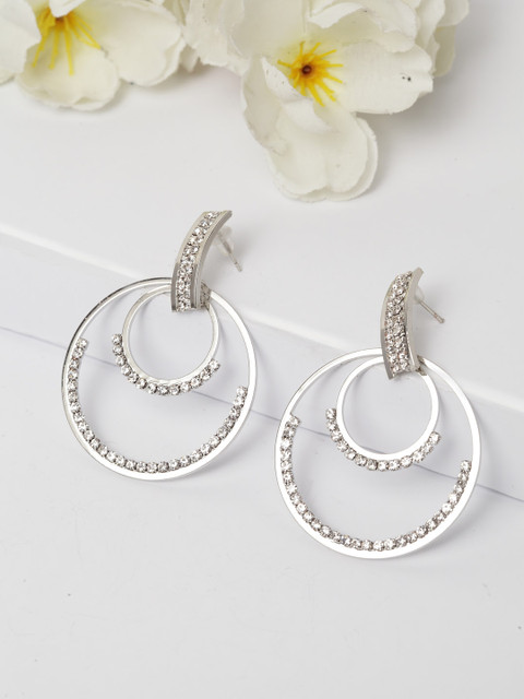 

AVANT-GARDE PARIS Silver-Toned & Rhodium-Plated Crystals Studded Circular Drop Earrings