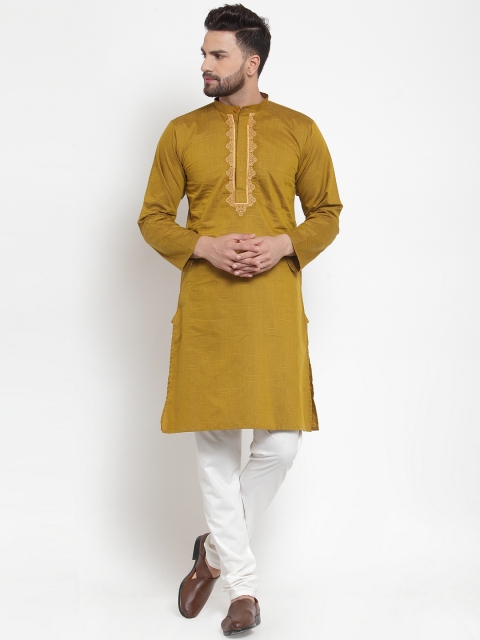 

NEUDIS Men Mustard Yellow & White Embroidered Kurta with Churidar