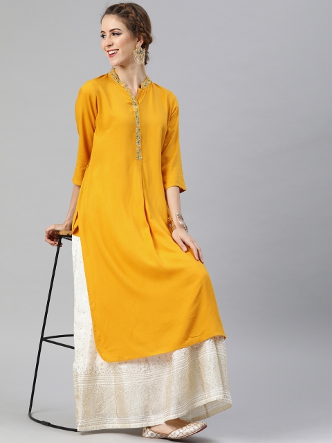 

Shakumbhari Women Mustard Yellow Solid Straight with Embroidery