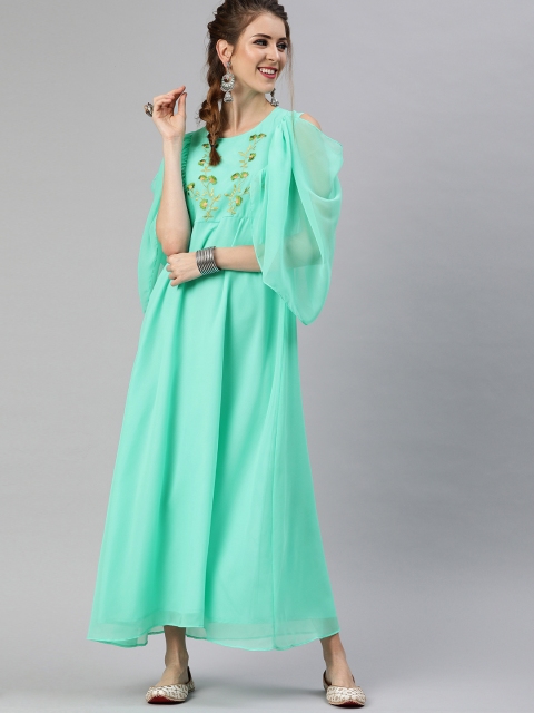 

Shakumbhari Women Green Georgette Embroidered Dress