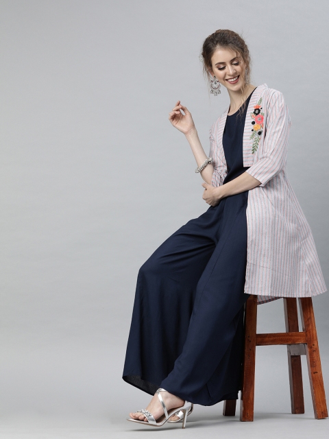 

Shakumbhari Women Navy Blue Solid Two-Piece with Jacket