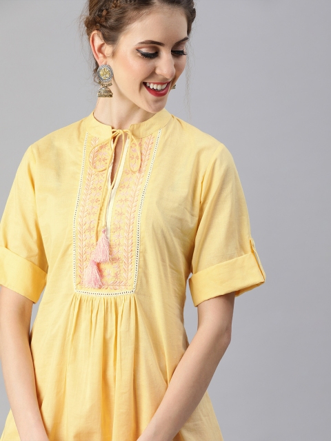 

Shakumbhari Women Yellow Embroidered Tunic