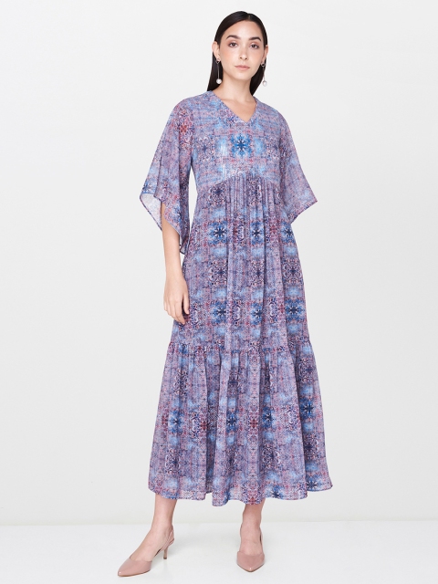 

AND Women Blue & Maroon Printed Sequinned Maxi Dres
