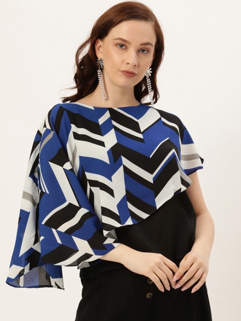 

AND Women Black & Blue Layered Printed Top With Flutter Sleeves