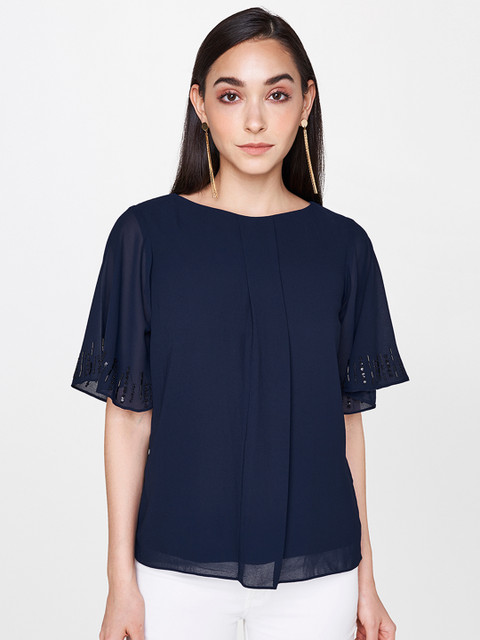 

AND Navy Blue Flared Sleeves Regular Top