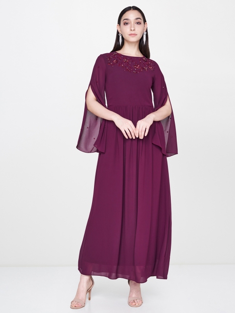 

AND Women Burgundy Solid Maxi Dress With Embroidered Detailing