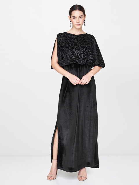 

AND Women Black Self Design Slit Sleeve Velvet Maxi Dress