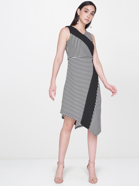 

AND Women Black & White Striped A-Line Dress
