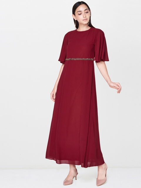 

AND Women Maroon Solid Maxi Dress with Embellished Waist