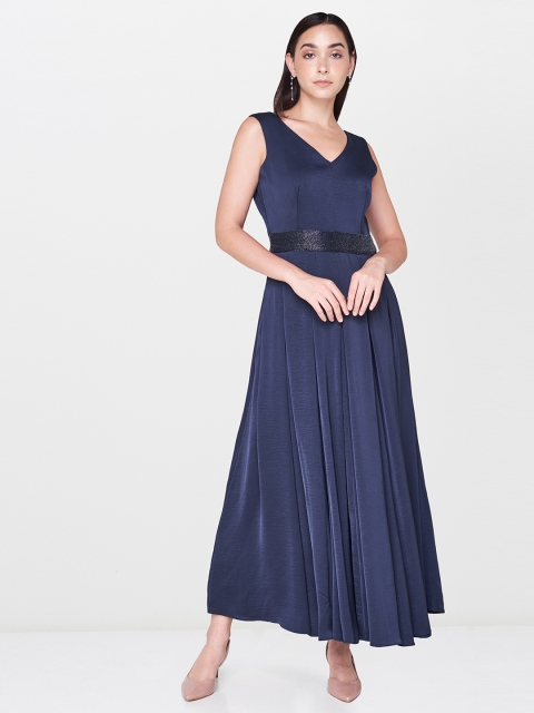 

AND Women Navy Blue Solid Pleated Maxi Dress With Embellished Detailing