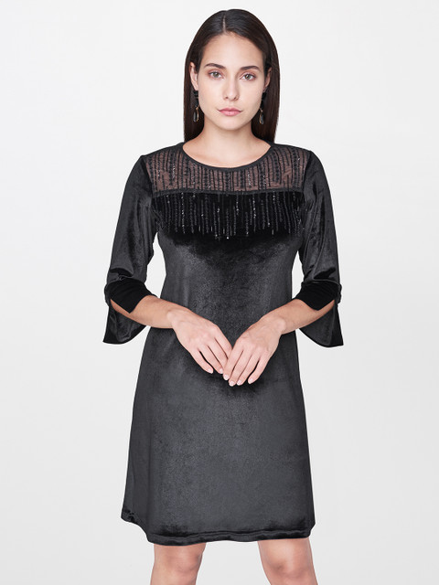 

AND Women Black Embellished A-Line Dress