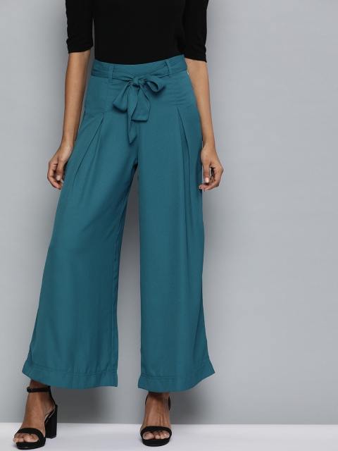 

HERE&NOW Women Teal Blue Solid Flared Cropped Palazzos