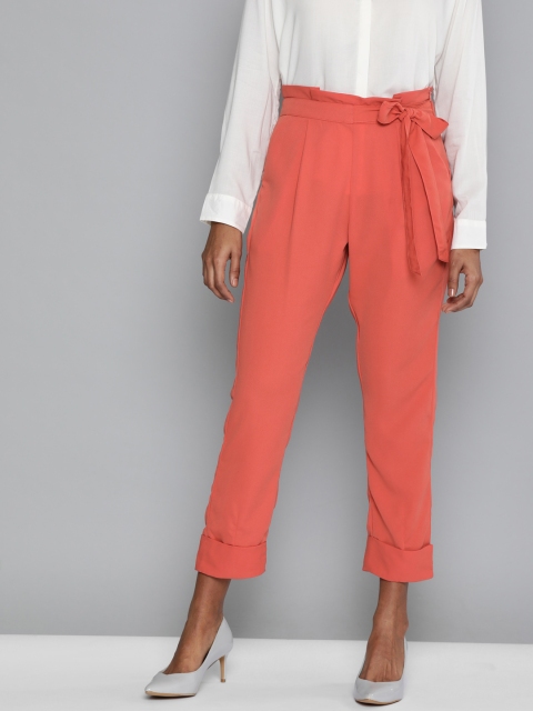 

HERE&NOW Women Rust Orange Regular Fit Solid Cropped Peg Trousers With Waist Tie-Ups