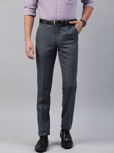 

Van Heusen Men Navy Blue & Grey Slim Fit Checked Formal Trousers