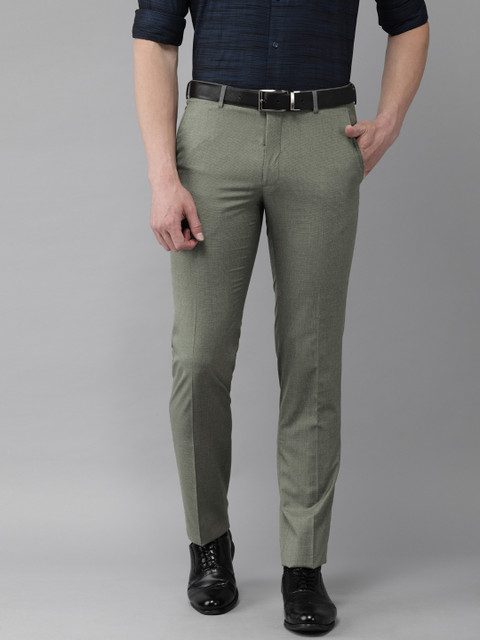 

Van Heusen Men Olive Green Slim Fit Self Design Formal Trousers