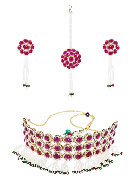 

Peora Women Pink & Gold Necklace & Earring Set With Maang Tikka