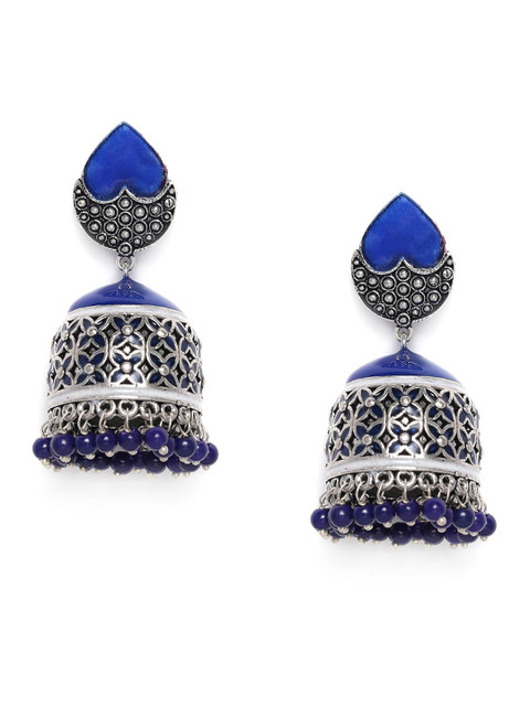 

Peora Blue Oxidised Silver-Plated Meenakari Enamelled Dome Shaped Jhumkas