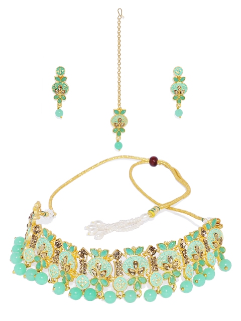 

Peora Women Gold Plated Necklace & Earrings Set With Maang Tikka, Sea green