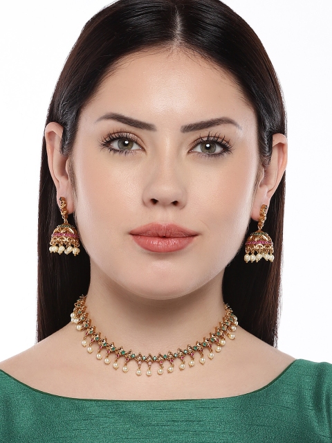 

Peora Women Gold Plated Necklace with Jhumki Earrings Set, Red