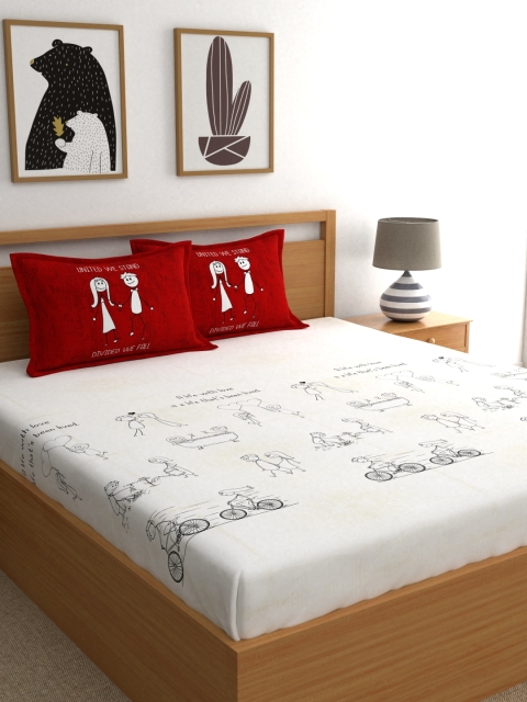 

My Room Cream-Coloured & Red Conversational 210 TC Cotton 1 Queen Bedsheet with 2 Pillow Covers