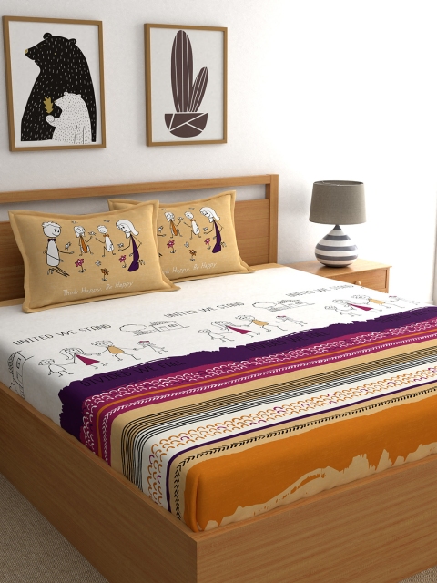 

My Room Beige & Purple Conversational 210 TC Cotton 1 Queen Bedsheet with 2 Pillow Covers