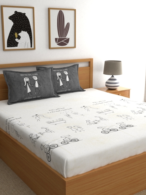 

My Room Grey & Off-White Conversational 210 TC Cotton 1 Queen Bedsheet with 2 Pillow Covers