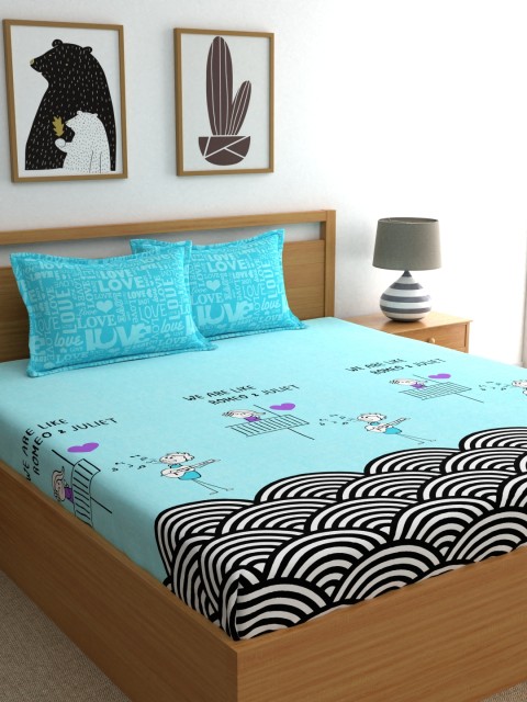

My Room Blue Conversational 210 TC Cotton 1 Queen Bedsheet with 2 Pillow Covers