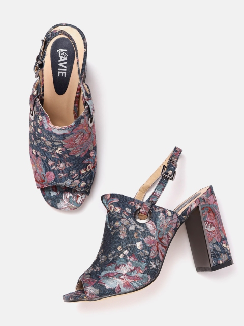 

Lavie Women Navy Blue & Pink Woven Design Heeled Mules