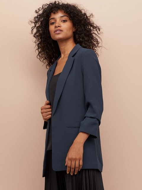 

H&M Women Teal Blue Solid Jacket With Gathered Sleeves